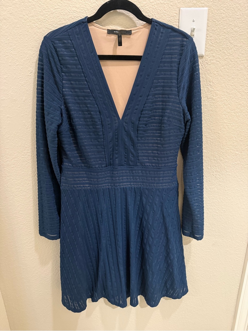 BCBGMaxAzria Teal-Blue Long Sleeve V-Neck Mini Dress